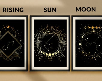 Personalized Zodiac Constellation Trio Art Print • Sun Moon Rising Foil Poster • Couple Astrology Sign • Metallic or Holographic Foil