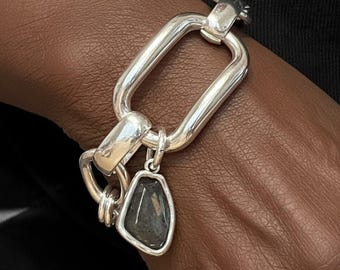 Adira … Chunky  Silver Statement Bracelet, smoke topaz  crystal pendant
