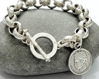 Urban Cowgirl … Extra  Large Antiqued  Silver   Hammered  Rolo Chain Bracelet with Optional Coin Charm