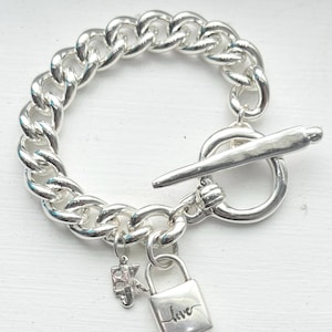 Chunky High Shine Silver Cuban Chain Bracelet Locket and Unique Statement Toggle