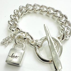Gloria .. Chunky Silver Cuban Chain Bracelet with Handmade Toggle Clasp and Heart locket