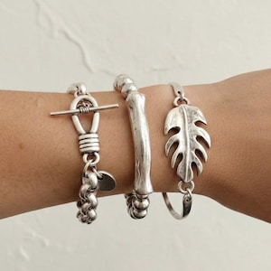 Stacking trio  .. Silver  chain, beaded tube, and leaf bangle