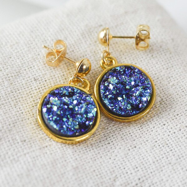 Faux druzy electroplated stone cabochon earrings, gold plated pendant, elegant, discreet and delicate jewel for her