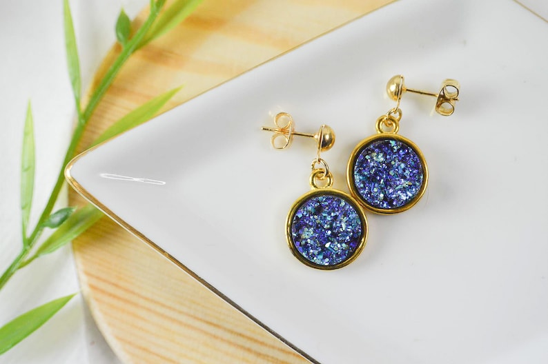 elegant discreet and delicate jewel for her gold plated pendant Faux druzy electroplated stone cabochon earrings