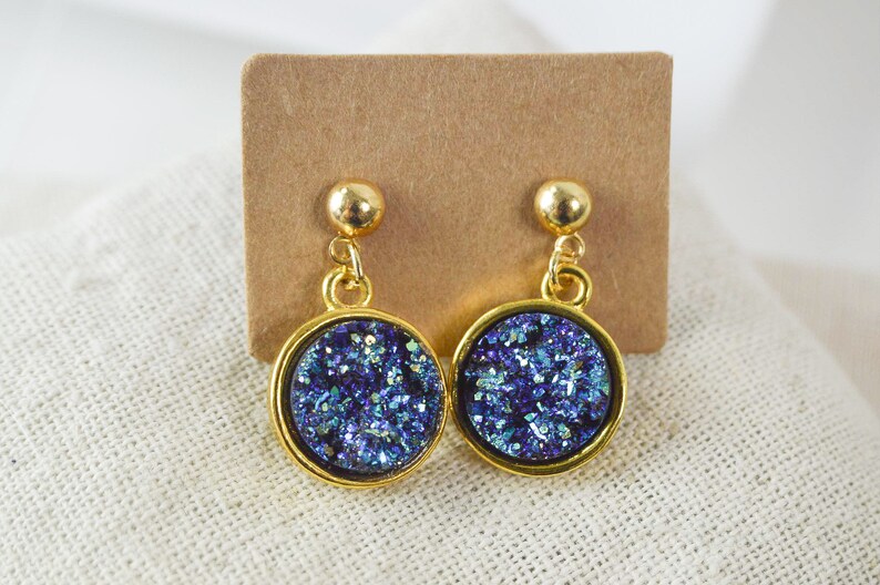 elegant discreet and delicate jewel for her gold plated pendant Faux druzy electroplated stone cabochon earrings