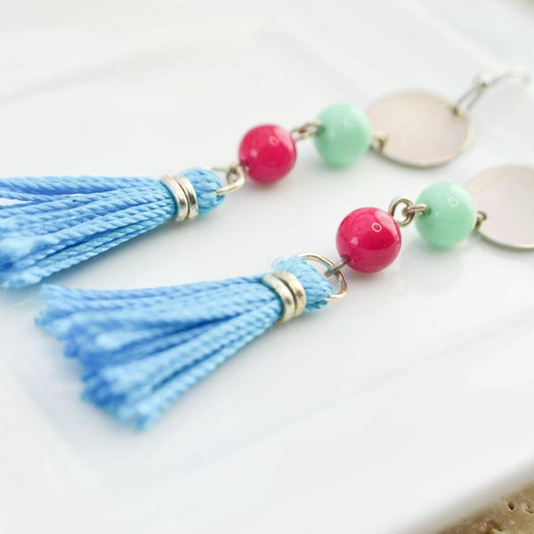 Colorful Tassel earrings - jewelry for them - elegant and colorful - silver buckles - fine and delicate - perfect gifts for her