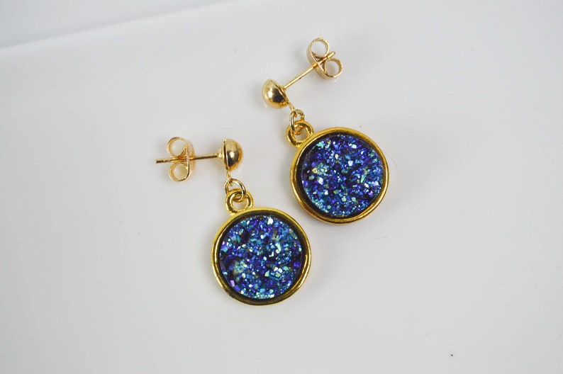 elegant discreet and delicate jewel for her gold plated pendant Faux druzy electroplated stone cabochon earrings