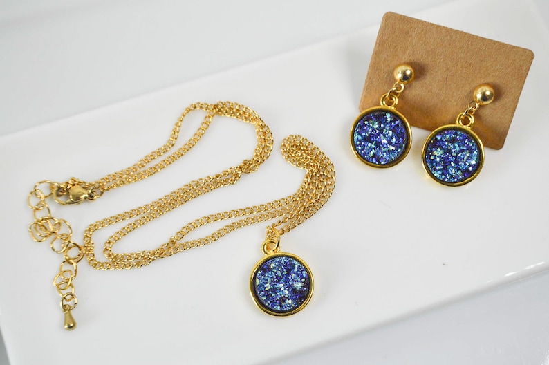 elegant discreet and delicate jewel for her gold plated pendant Faux druzy electroplated stone cabochon earrings