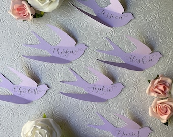 Hand-lettered bird place cards, custom calligraphy, wedding place card, modern place holder, seating plan, seating card