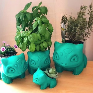 Può includere: Quattro vasi in ceramica verde a forma di personaggio Pokémon, Bulbasaur. I vasi sono pieni di piante, tra cui basilico, rosmarino e piante grasse.