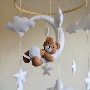 Teddy Bear Baby Mobile: Handmade Felt Moon, Stars & Clouds