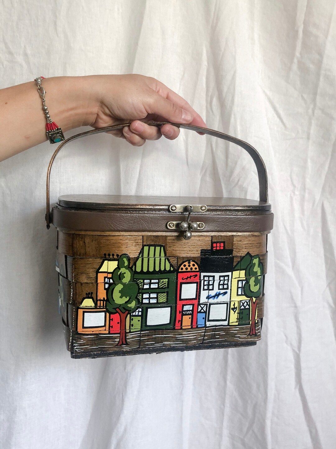 Handpainted Woven Wood Basket Handbag With Quilted Inside Etsy UK