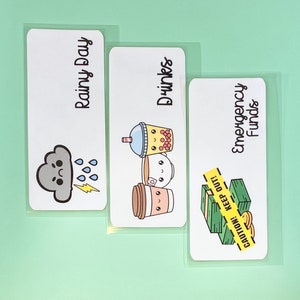 May include: Three white envelopes with colourful illustrations and text. The first envelope says "Rainy Day" and has a grey cloud with raindrops and lightning. The second envelope says "Drinks" and has a cartoon illustration of a boba tea, a cup of tea, and a coffee cup. The third envelope says "Emergency Funds" and has a cartoon illustration of a stack of money with a yellow caution tape that says "Caution! Keep Out!"