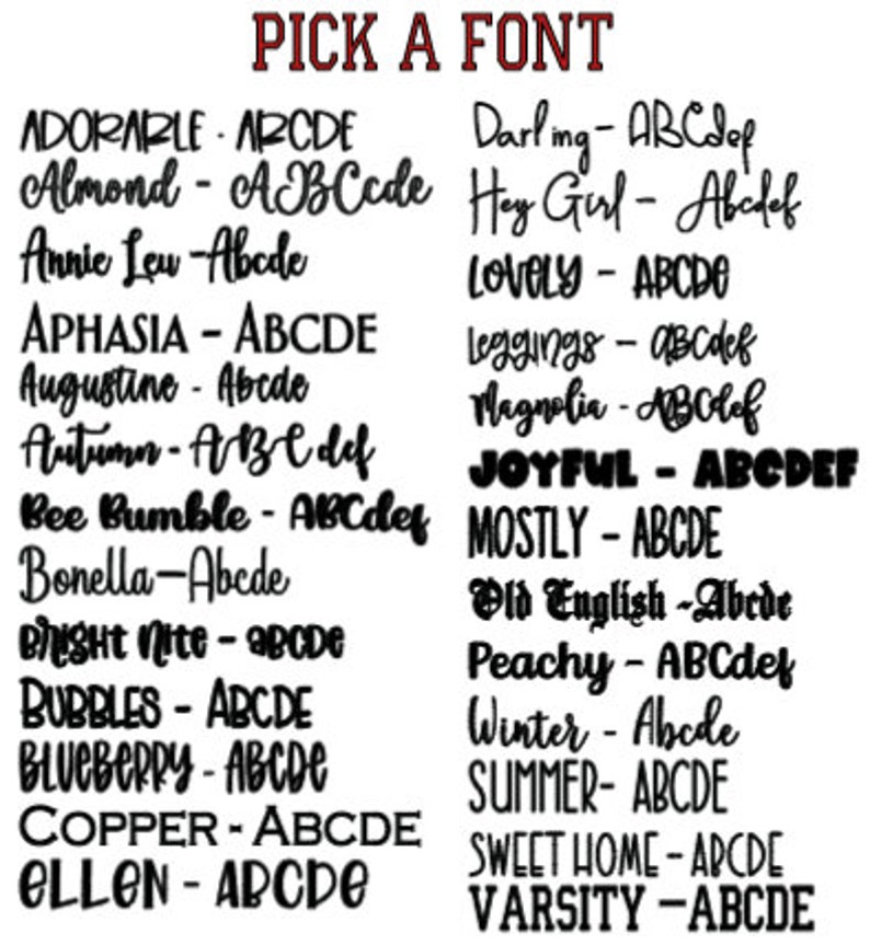 Op de afbeelding: Een zwart-wit afbeelding met de tekst "PICK A FONT" bovenaan. De afbeelding toont een verscheidenheid aan lettertypen met de naam van het lettertype en de letters "ABCDE" of "ABCDEF" in het lettertype.