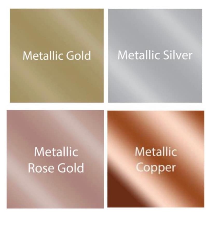 Op de afbeelding: Vier kleurstalen die metallic afwerkingen tonen: metallic goud, metallic zilver, metallic ros&eacute; goud en metallic koper.