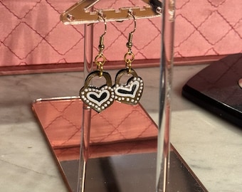 Black, gold and white heart dangle earrings