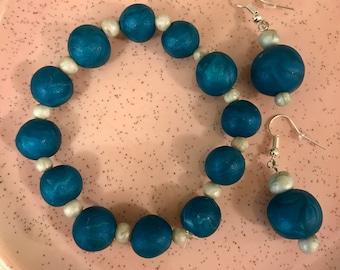Blue and White Bracelet with Matching Earrings