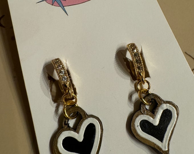 Black, gold and white heart hoop earrings