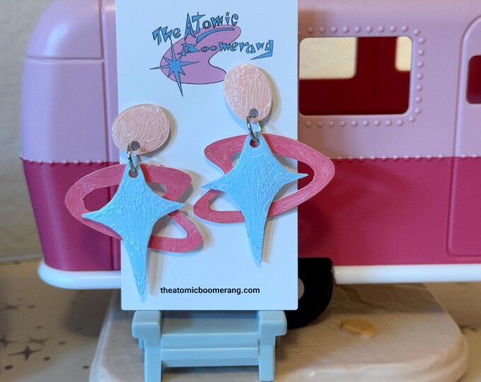 Blue Atomic Boomerang Earrings