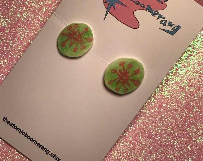 Green and pink atomic starburst earrings