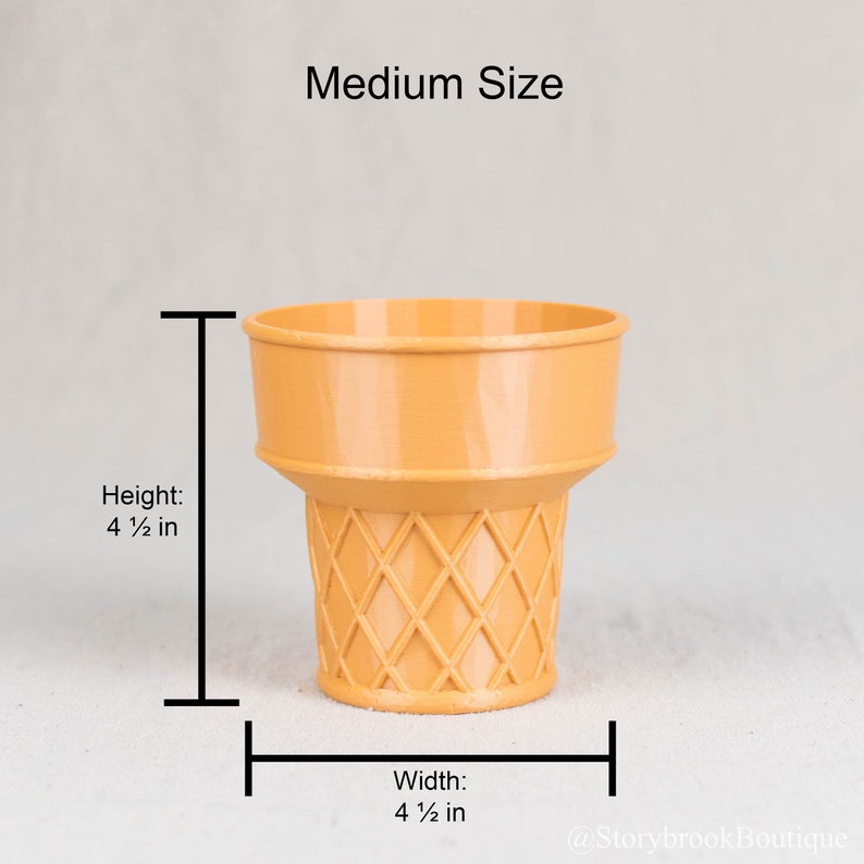 A single medium sized ice cream cone planter on a plain, off white studio background. There are brackets marking the dimensions. Height: 4.5 inches. Width: 4.5 inches. The ice cream cone has a semi smooth, slightly glossy finish.