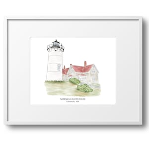 Impression d'art aquarelle phare de Nobska : décoration d'intérieur côtière de Cape Cod
