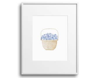 Hydrangea Nantucket Basket Watercolor Art Print: Coastal Decor