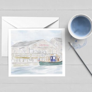 Carte de vœux Wharf Lobster Shack| Aquarelle| Papeterie nautique| Jeu de cartes en boîte| Carte unique| Cadeau| Cap et îles| Nantucket
