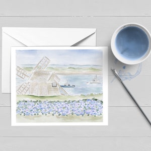 Moulin à vent au bord de la mer Carte de vœux|Aquarelle|Papeterie nautique|Ensemble de cartes en boîte|Carte unique|Cadeau|Cape Cod|Impression d'art|Affiche|Nantucket