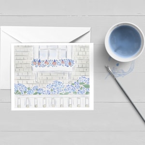 Carte de voeux breloque hortensias côtiers|Aquarelle|Papeterie nautique|Ensemble de cartes dans un coffret|Carte individuelle|Cadeau|Le Cap et les îles|Nantucket|Maison sur la plage