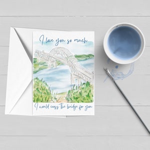 Cape Cod Nautical Valentines Day Carte de vœux|Pont|Pont de Sagamore|Cape Cod|Marthas Vineyard|Nantucket|Papeterie|Notecard|Aquarelle|