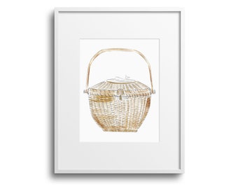 Nantucket Lightship Basket Watercolor Art Print: Coastal Home Decor