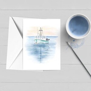 Carte de note aquarelle de bateau de pêche côtière|Aquarelle|Carte de vœux|Papeterie|Cape Cod|Cadeau de Nantucket|