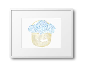 Blue Hydrangea Nantucket Basket Map Watercolor Art Print|Beach House|Vacation House|Cape Cod Art|Nantucket Island|Nantucket art