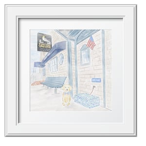 May include: A watercolor painting of a yellow dog wearing a blue bow tie standing in front of a building with a sign that says "The Squire" and a blue and white striped dog bed. The building has a blue awning and a small American flag hanging from the side.