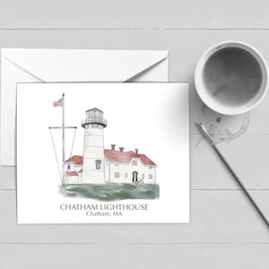 Chatham Lighthouse Cape Cod Note Card| Cape Cod Art|Wall Decor|Poster|Print|Aquarelle|Cadeau|Papeterie|Phares de la Nouvelle-Angleterre|Carte|Peinture