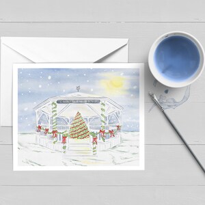 Chatham Band Stand à la carte de vœux de Noël | Cape Cod Art| Décoration murale | Affiche | Impression | Aquarelle | Cadeau | Papeterie | Noël de la Nouvelle-Angleterre/