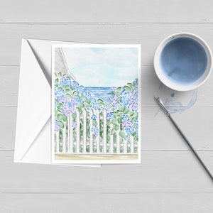 Carte de correspondance côtière hortensia Ocean Views|Aquarelle|Carte de voeux|Papeterie nautique|Cape Cod|Cadeau Nantucket|Carte de remerciement