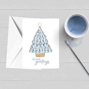 de voeux pour arbre de Noël aux huîtres | Noël côtier | Aquarelle | Cap Cod | Nantucket | Carte Pour Les Fêtes |