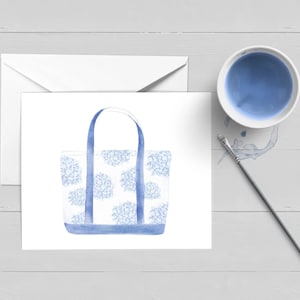 Carte pour lettres avec sac de plage côtière hortensias|Aquarelle|Carte de voeux|Papeterie|Cape Cod|Cadeau Nantucket|Impression Nantucket|Art Nantucket