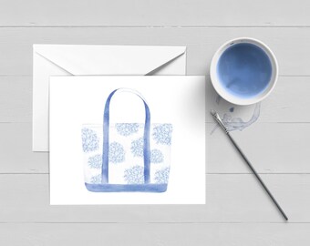 Hydrangea Beach Bag Watercolor Notecard: Coastal Stationery