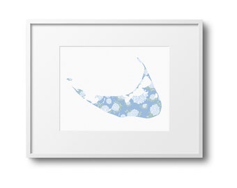 Nantucket Hydrangea Map Art Print: Coastal Watercolor Wall Art