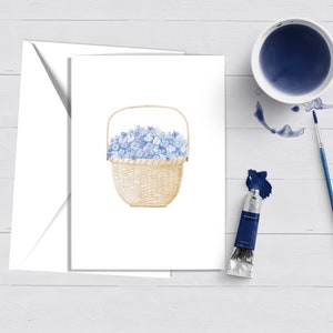 Carte pour correspondance avec panier Nantucket hortensias|Aquarelle|Carte de voeux|Papeterie nautique|Cape Cod|Cadeau Nantucket|Carte de remerciement
