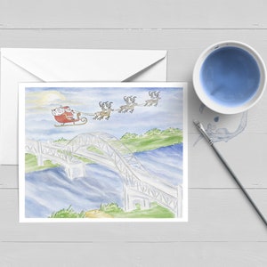 Le père Noël arrive sur le pont Cape Cod Carte de Noël | Art|Décoration murale|Poster|Impression|Aquarelle|Cadeau|Noël de la Nouvelle-Angleterre| Pont de Sagamore
