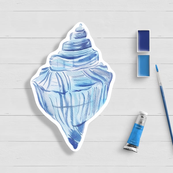 Blue Conch Shell Watercolor Sticker|Nautical|Cape Cod|Nantucket|Marthas VineyardNew England|Waterproof|Matte Laminated|Laptop Water Bottle