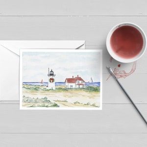 Phare de Race Point à la carte de vœux de Noël | Art de Cape Cod| Affiche| Imprimer| Aquarelle| Cadeau| Papeterie| Noël Nouvelle-Angleterre| Provincetown