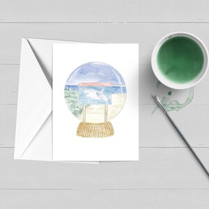 Carte de voeux boule à neige requin joyeux Noël|Cape Cod|MA|Chatham|Ensemble de cartes dans un coffret|Cadeau|Cape et îles|Vierge|Note|Grand blanc