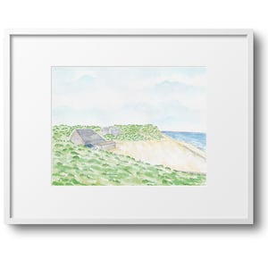 May include: Watercolour painting of a coastal scene with a small house on a grassy hill overlooking a sandy beach and ocean. The sky is a light blue with white clouds.