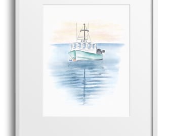 Coastal Fishing Boat Watercolor Art Print: Cape Cod Wall Decor (8x10)