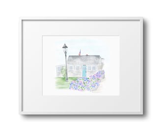 Nantucket Cottage Watercolor Art Print: Coastal Summer Home Decor